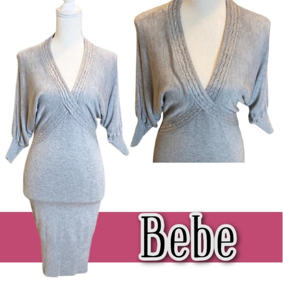bebe Dresses & Skirts - Bebe Light Gray V-Neck Quarter Sleeve Knit Sweater Dress